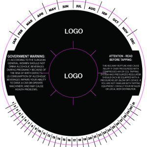 Circular black label design with month markers and central logo placeholders, styled like a cautionary calendar.