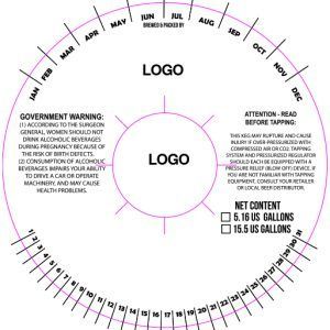 Diagram of circular bottle label layout with logos, government warning, net contents, and month markings