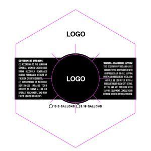 Black and pink hexagonal label mockup with centered circular logo and small text blocks on both sides