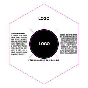 Hexagon label diagram with central black logo circle and text blocks on both sides, pink outline.