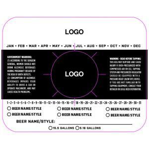 Beer tap handle label template with logo space, month and style fields, and gallon options on a white background
