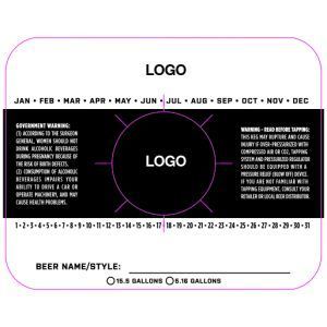 Beer label template with black center, pink border, and placeholder logos and text fields for months and details