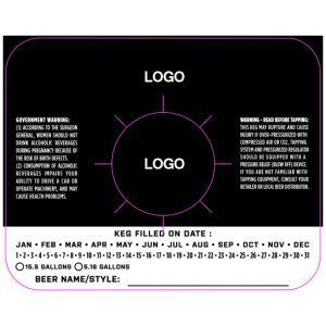 Black keg label template with two logos, warning text, and beer fill dates by month.