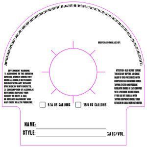 White whiskey label template with pink circular outline and text fields for name, style, and alcohol content