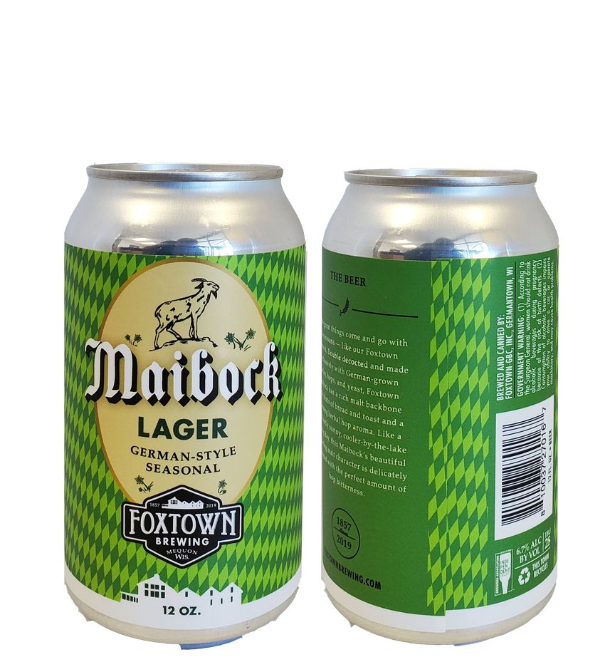 Two Foxtown Maibock Lager cans, front and back, with green labels on a white background.