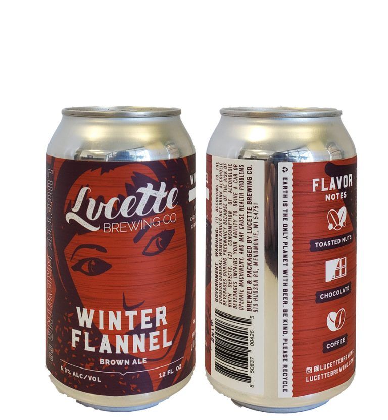 Two Lucette Brewing Winter Channel beer cans, red and silver, front and back views.