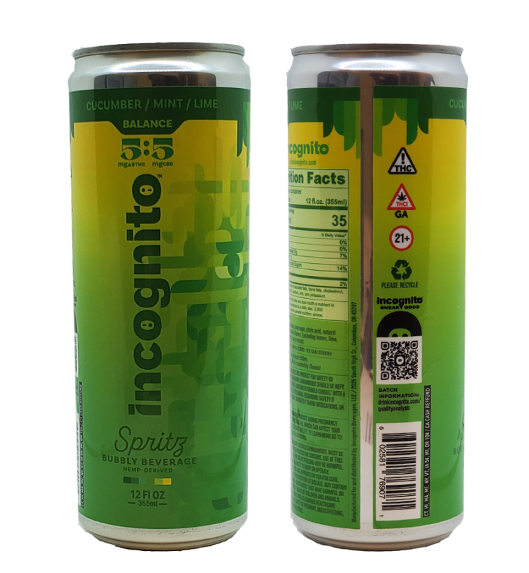 Two green and yellow canned beverages shown front and back with ingredient and warning labels.