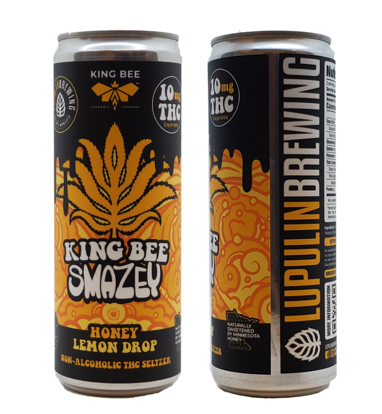 Two KING BEE Smazed Honey Lemon Drop THC seltzer cans, front and side views, black and orange packaging.