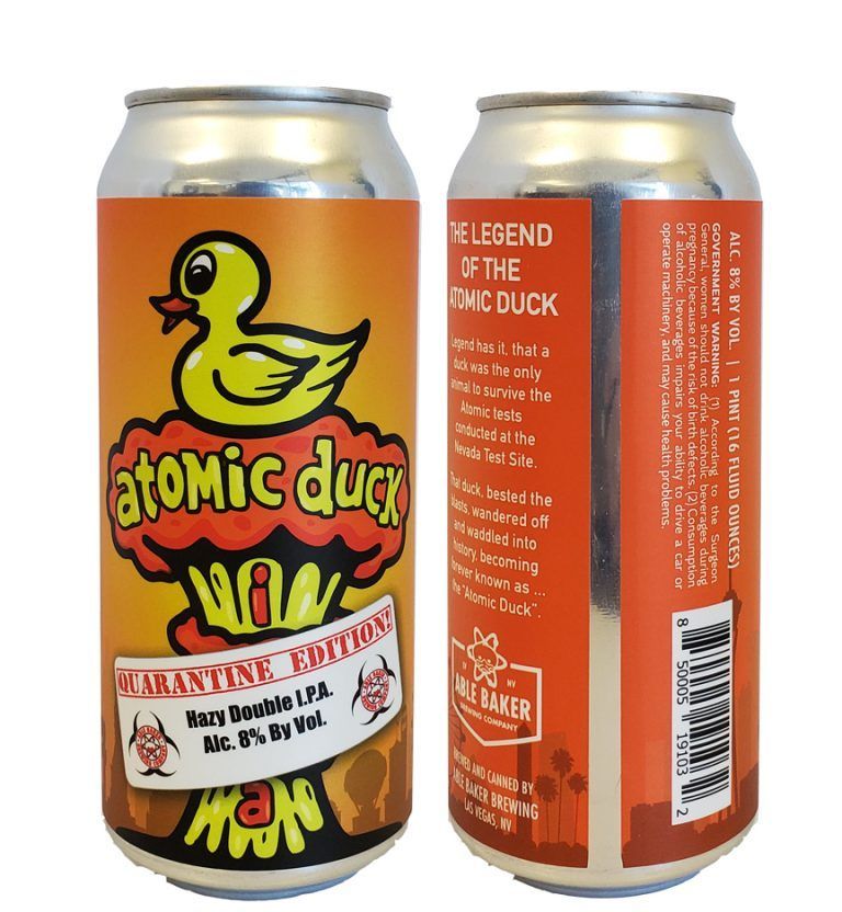 Two cans of Atomic Duck beer with orange labels and a cartoon duck logo, front and back view.