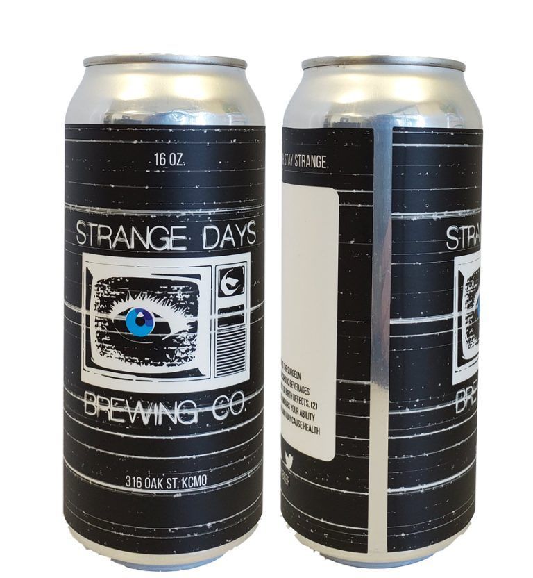 Two views of a black beer can labeled Strange Days Brewing Co. with a blue eye graphic.