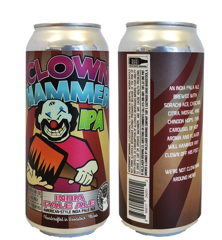 Two cans of Clown Hammer IPA beer, one front label and one back label, with a clown illustration.