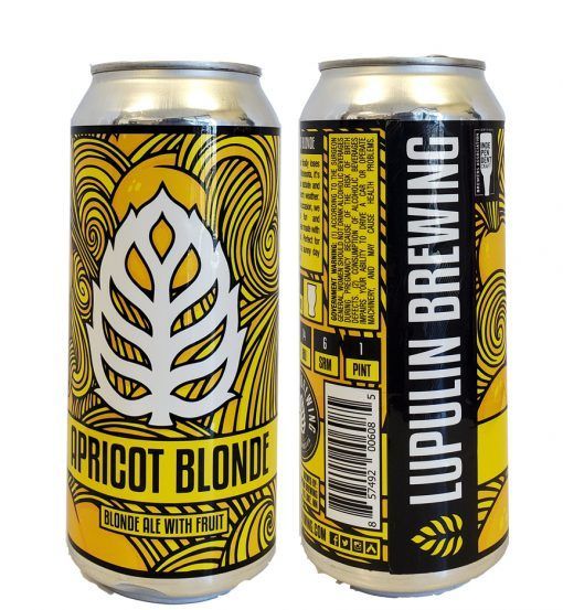 Two Apricot Blonde beer cans, yellow labels with black swirl design and vertical black brewery text.