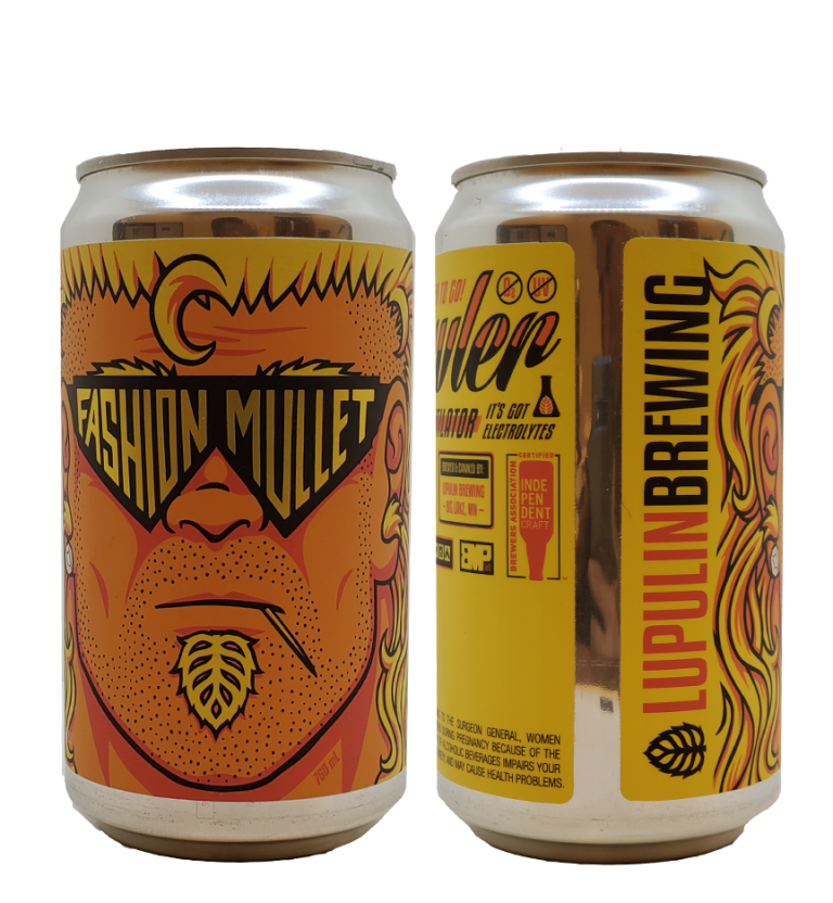 Two brewery beer cans with orange-yellow labels, one reading Fashion Mullet and the other Lupulin Brewing.