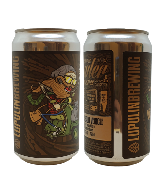 Two Lúpulubrewing cans with an illustrated skateboarder in sunglasses and green pants.