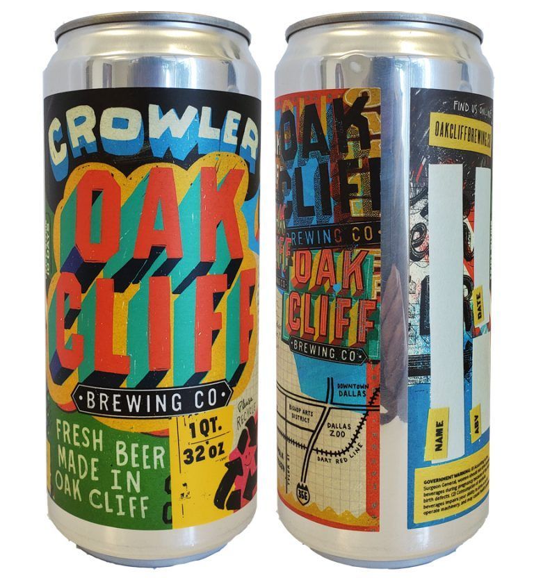 Two Crowler Oak Cliff Brewing Co. beer cans with colorful label art, shown side by side.
