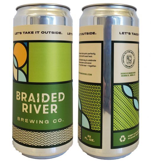 Two Braided River Brewing Co. beer cans, front and back, with green and cream label designs.