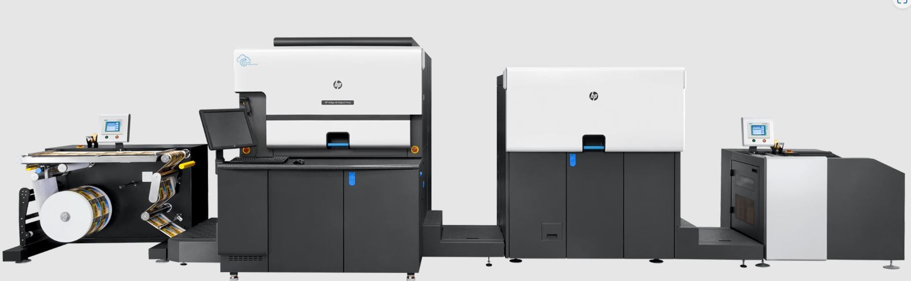 Industrial printing and finishing equipment lineup in white, black, and gray on a white background.