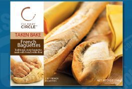 Take n Bake French baguettes package with two baguettes on a tan background