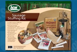 LEM Sausage Stuffing Kit box with grinder and sausage-making tools on a tan background