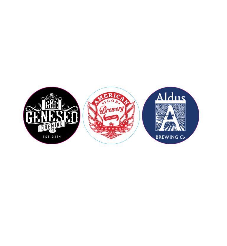 Three brewery logos on a white background: Genesee, American, and Aldus Brewing Co.