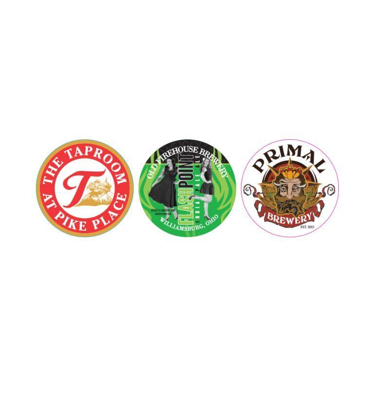 Three circular brewery logos: red Pike Place, green Pike logo, and white Primal logo on a white background