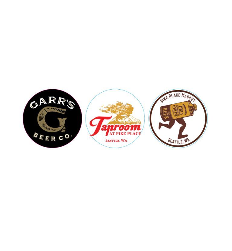 Three circular beer logos: black Garr’s, red Taproom, and brown Rat Hole Brewery emblems on white background.