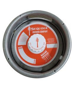 Close-up of a Sequoia Brewing Company keg lid with a red and white label.