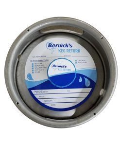Round metal container with a Bernick's keg return label and blue wave design