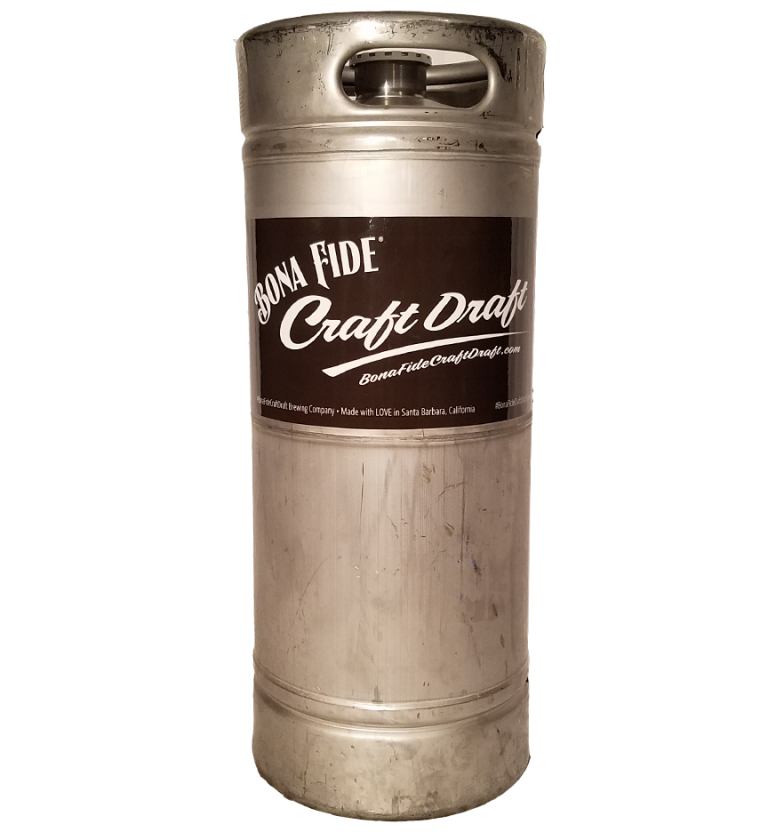 Silver metal beer keg with a brown Bona Fide Craft Draft label and handle opening at the top