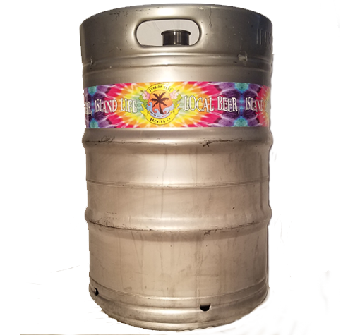 A stainless steel keg with a colorful rainbow Guinness Beer label on a white background