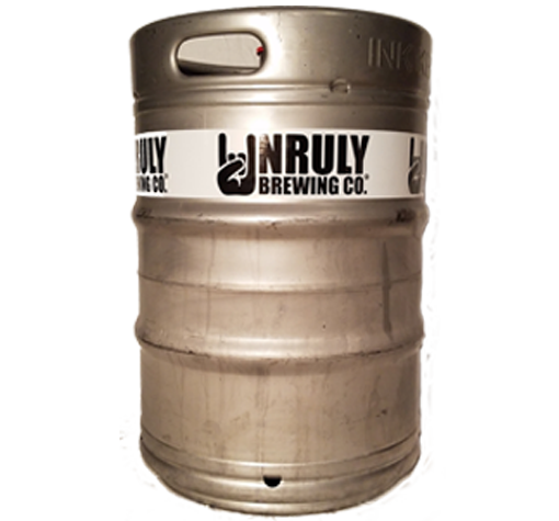 Silver metal beer keg with NRLY Brewing Co. logo on the top band