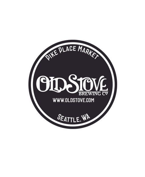 Old Stove Brewing Co. circular black-and-white logo with Pike Place Market and Seattle, WA text.