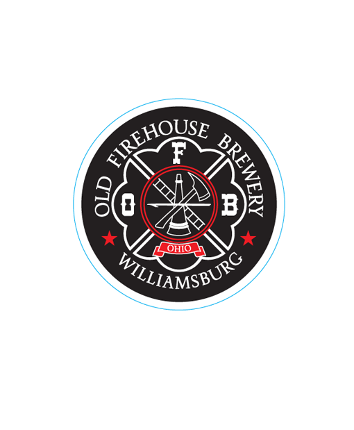 Old Firehouse Brewery Williamsburg circular logo in black, red, and white with firehouse emblem and stars.