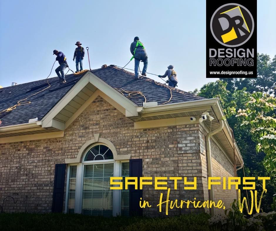 Roofing crew working on a house in Hurricane, WV, wearing safety harnesses. The company logo is in the top right corner, below the text 