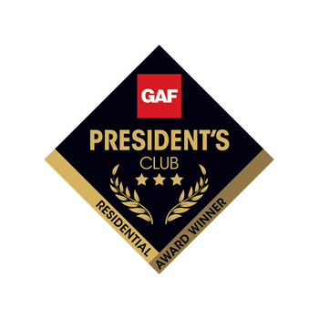 GAF President's Club Residential Award Winner badge. Black diamond with gold trim, red GAF logo, gold text, and laurel wreath.