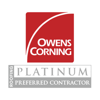 Owens Corning Platinum Preferred Contractor logo. Red square with a white arch and the Owens Corning name, above a silver rectangular banner.