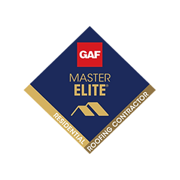 GAF Master Elite residential roofing contractor logo: Blue diamond with gold trim, red GAF logo, gold text, and a stylized roof icon.