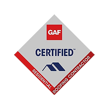 GAF Certified Residential Roofing Contractor logo: gray diamond with red accents, a red square containing 