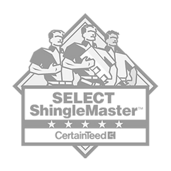 Gray badge for CertainTeed Select ShingleMaster, with three figures and five stars.