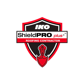 Logo for IKO ShieldPRO plus+ Roofing Contractor, featuring a black and red shield with text and a graphic of a stylized trowel.