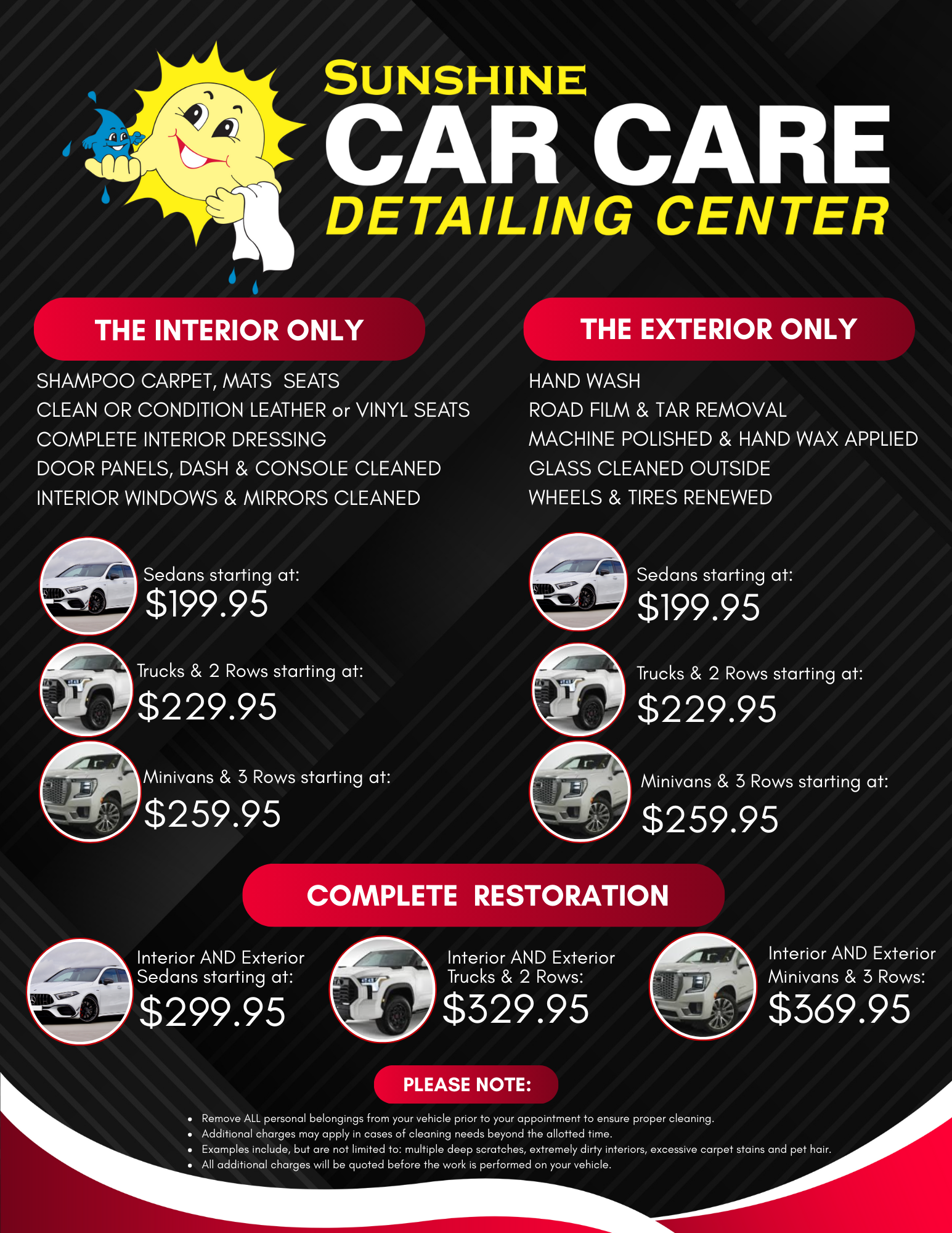 A flyer for sunshine car care detailing center