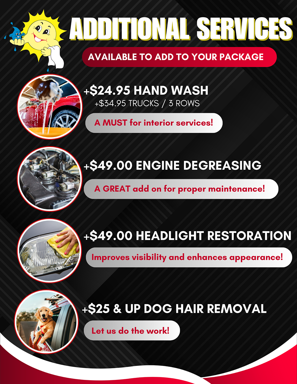 A flyer for additional services available to add to your package