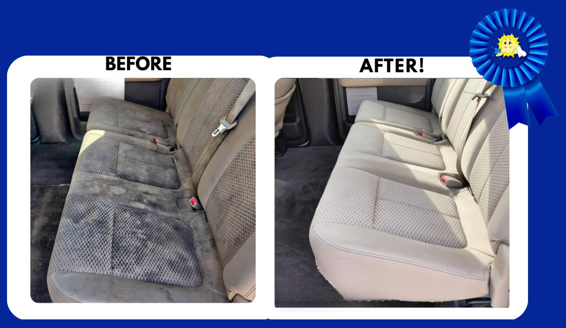 Before and after car seat cleaning. Gray, stained seats before, clean beige seats after.