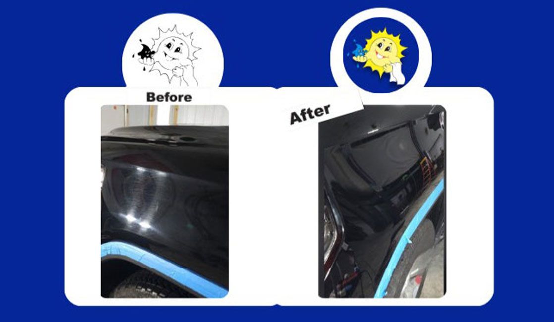Car damage repair comparison. Black car dent before and after repair, surrounded by a blue border.