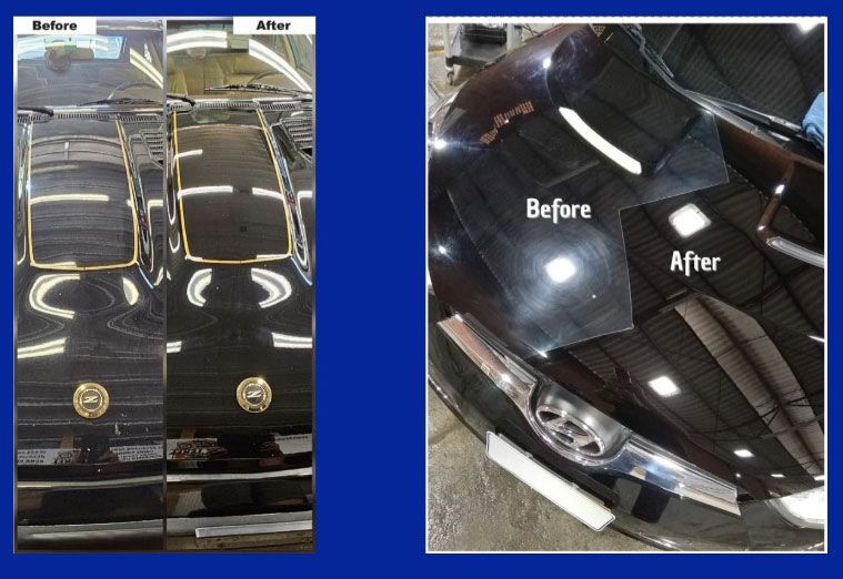 Side-by-side comparison of a car's black paint before and after polishing, showing improved shine and scratch removal.