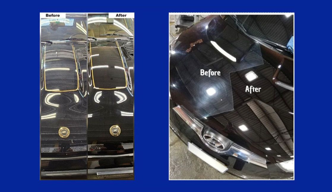Comparison of black car paint. Left shows before and after roof detailing, right shows before and after hood detailing.