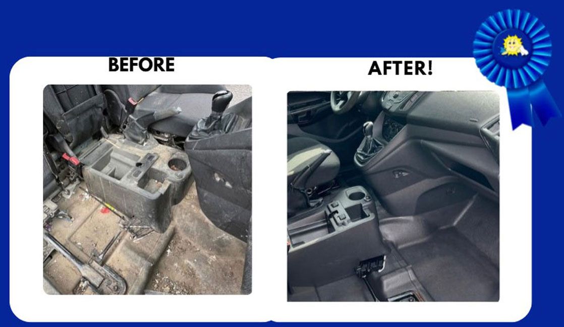 Comparison of a dirty car interior before cleaning to a clean one.