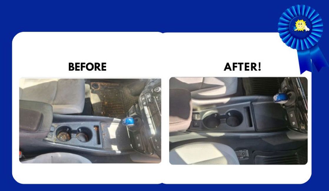 Car's center console before and after cleaning, showing a transformation from dirty to clean interior.