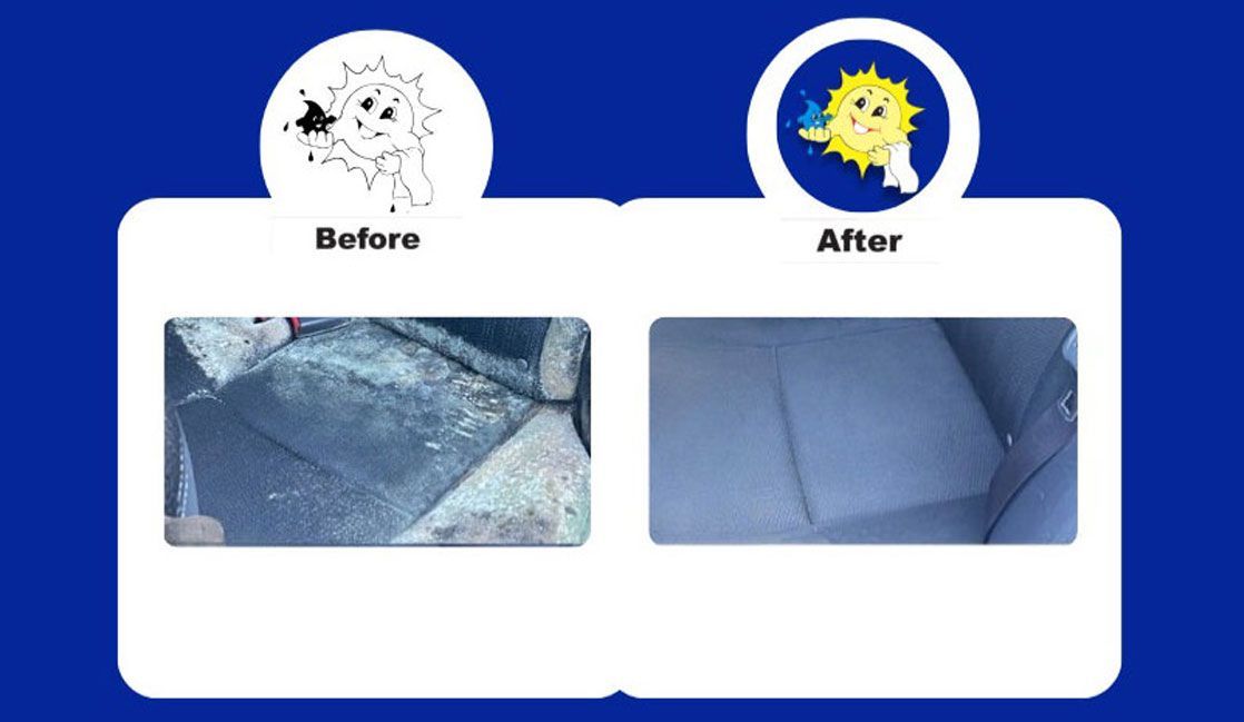 Before and after comparison of car seat cleaning. Dark, stained seat shown cleaned to a lighter color.