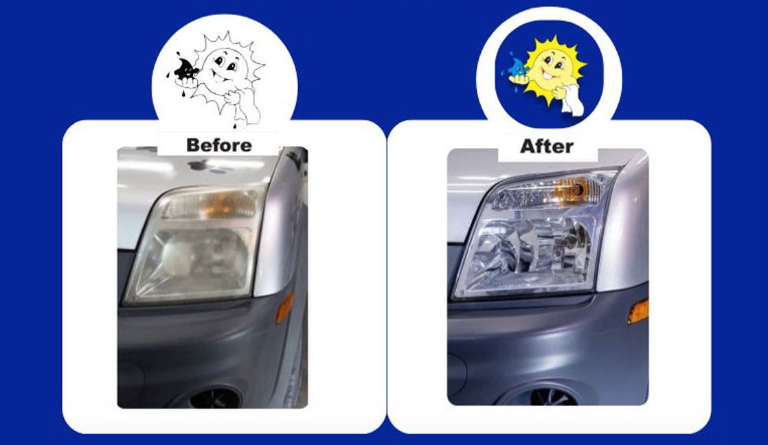 Car headlight before and after cleaning.